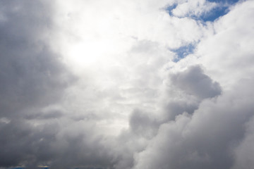Aerial image of dark storm clouds over the land. Aerial panorama of storm clouds. Panorama of thunder clouds. Aerial top view cloudscape. Texture of clouds