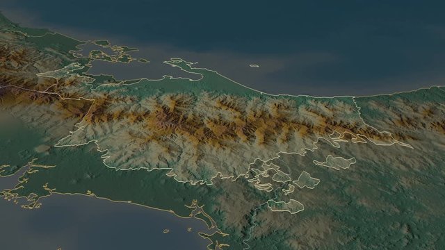 Ng&ouml;be Bugl&eacute;, indigenous territory with its capital, zoomed and extruded on the relief map of Panama in the conformal Stereographic projection. Animation 3D