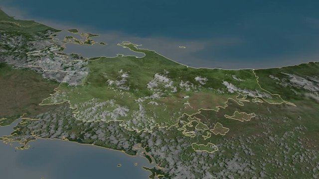 Ng&ouml;be Bugl&eacute;, indigenous territory with its capital, zoomed and extruded on the satellite map of Panama in the conformal Stereographic projection. Animation 3D
