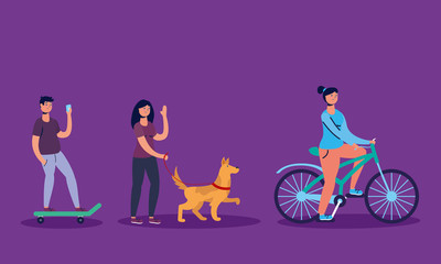 group of people practicing activities characters