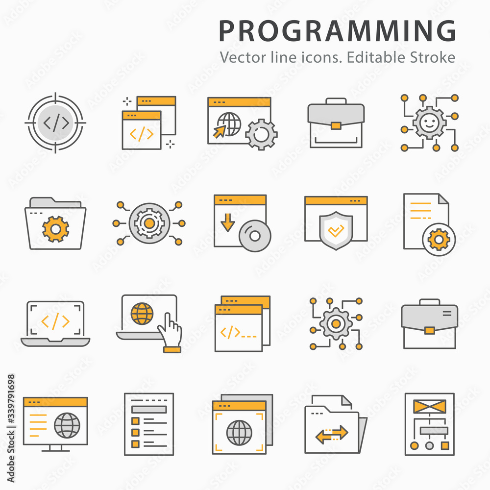 Poster programming flat line icon set. vector illustration. editable stroke.