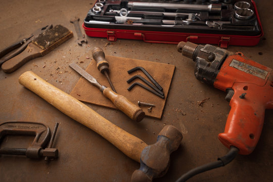 Closeup of tools on work bench in shed