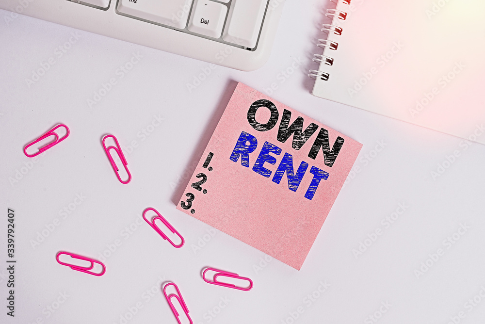 Poster writing note showing own rent. business concept for tangible property is leased in exchange for a mo