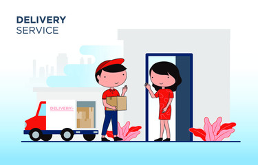 Delivery transport truck with delivery man. Delivery man and track. Flat design modern vector illustration concept.