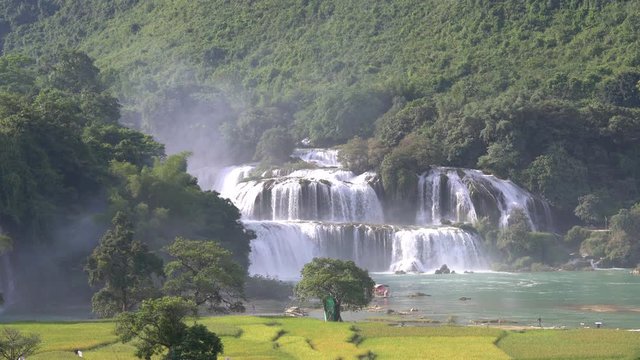 Beautiful waterfall. Ban Gioc waterfall or Detian waterfall is landmarks name of two waterfalls in border Cao Bang, Vietnam and Daxin County, China. Stock video footage Amazing landscape for travel