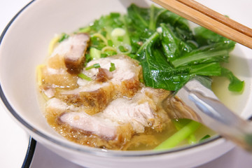 Egg Noodle and Soup with Crispy Pork