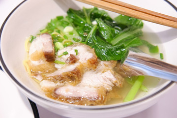 Egg Noodle and Soup with Crispy Pork
