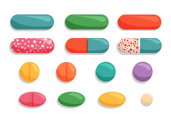 Vector illustration with colorful pills. Medical, pharmaceutical symbols isolated on white background.