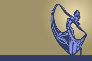 Art deco style illustration. A leaping, nude dancer / woman holding drapery. Mock gold / beige gradient background