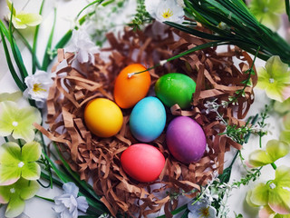 Colorful painted easter eggs with green leaves and decor