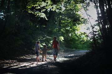 three boys: two older brothers hold the hands of a younger brother and leave the forest from...