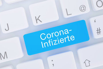 Corona-Infizierte. Computer Tastatur von oben zeigt Taste mit Wort hervorgehoben. Software, Internet, Programm