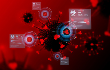 science, epidemic and biotechnology concept - 3d illustration of coronavirus cells with biohazard sign on dark red background