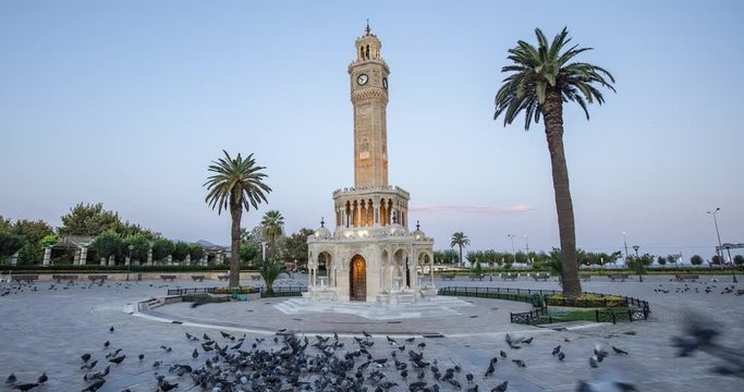 Izmir clock tower in Konak Square, Turkey. Izmir City Landscape.  4K Footage in Turkey