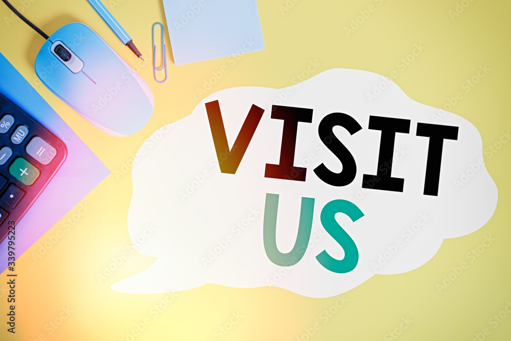 Aufkleber writing note showing visit us. business concept for invitation watch a web page link to homepage blo
