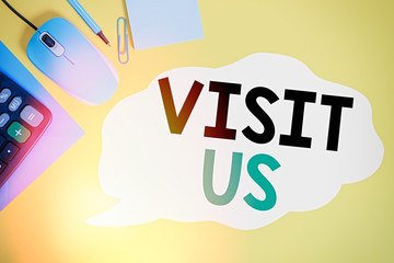 Writing note showing Visit Us. Business concept for Invitation Watch A web page Link to Homepage...