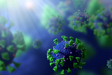 Coronavirus covid-19 under microscope rendering with 3D render