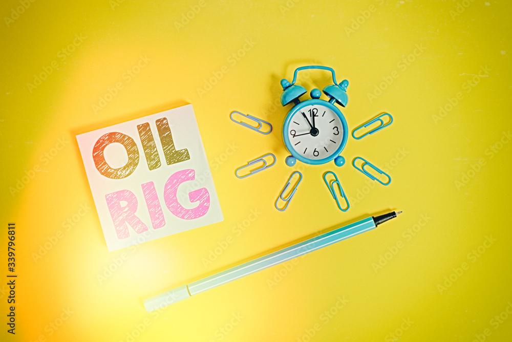 Poster writing note showing oil rig. business concept for large structure with equipment to remove oil from