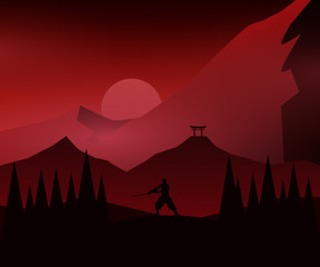 Samurai vector illustration of a mountain landscape