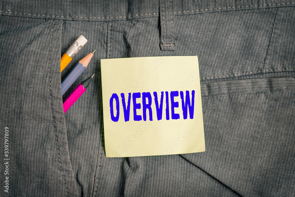 Poster writing note showing overview. business concept for the general review or summary of subject project