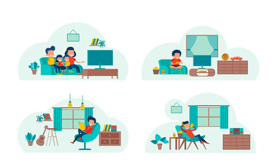 set of cartoon version of working home and stay home with flat design