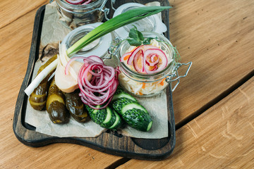 mix of Russian national pickled cucumbers, onions, cabbage