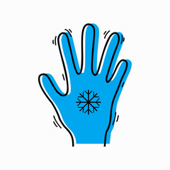 Frostbite of limbs. Contour silhouette of a trembling hand with a snowflake and blue silhouette. Vector object for icons, logos, infographics and your design.