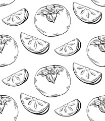 Persimmon sketch seamless contour pattern on white background. Healthy food with fruits and slices. Vector texture for fabrics, wallpapers and your creativity.