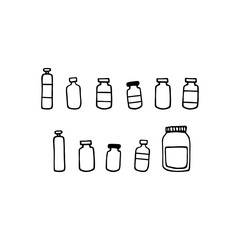 Medical drug container set. Doodle bottles for different shapes. Vector illustration with pharmaceutical hand drawn medicine isolated on white background. Signs of medications, treatment, tablets