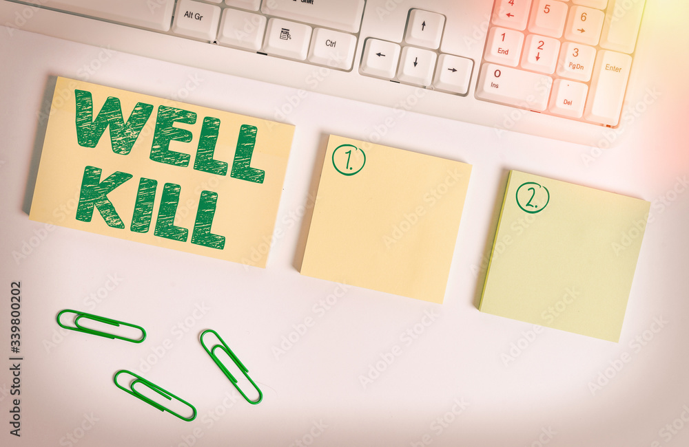 Aufkleber handwriting text writing well kill. conceptual photo operation of placing a column of heavy fluid in