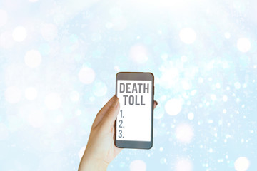 Writing note showing Death Toll. Business concept for the number of deaths resulting from a...