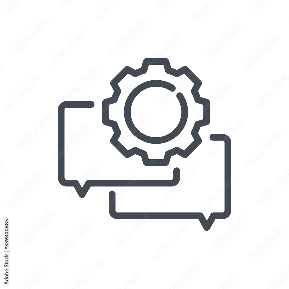 Poster support service and helpline line icon. cogwheel with chat vector outline sign.