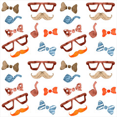 Men's Watercolor seamless hipster atributes. Glasses mustaches and smoke pipe.