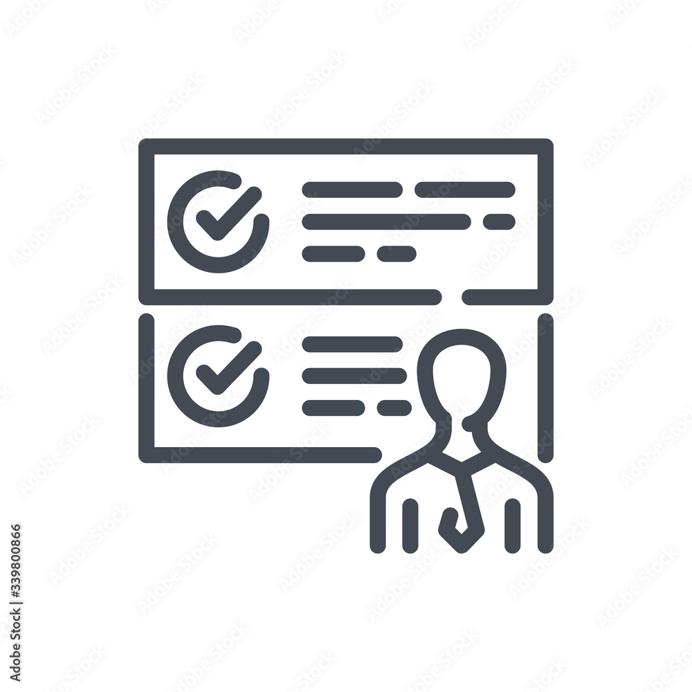 Poster business person with to-do list line icon. man with checklist vector outline sign.