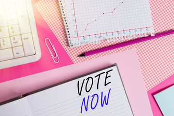 Conceptual hand writing showing Vote Now. Concept meaning formal indication of choice between two...