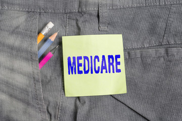 Writing note showing Medicare. Business concept for the federal government plan in US for paying...