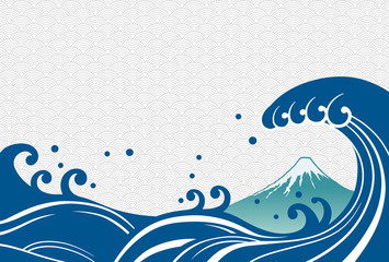 大波と富士山の和風イラスト