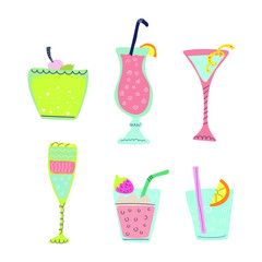 Cute and fun hand drawn cocktails set. Flat vector illustration for cafes and bars, summer design.