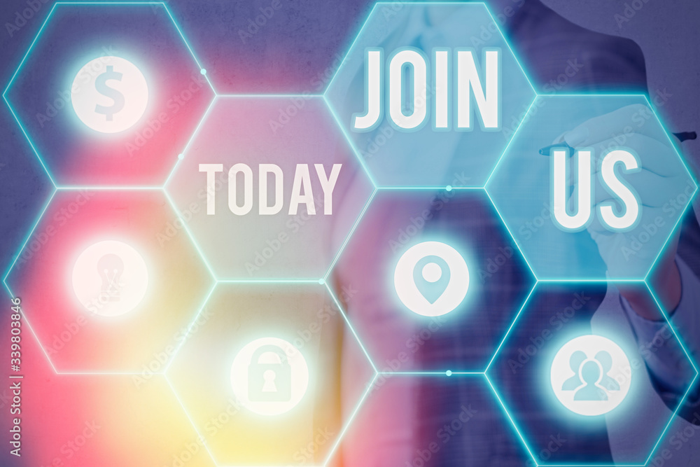 Poster conceptual hand writing showing join us. concept meaning register in community team or blog sign up 
