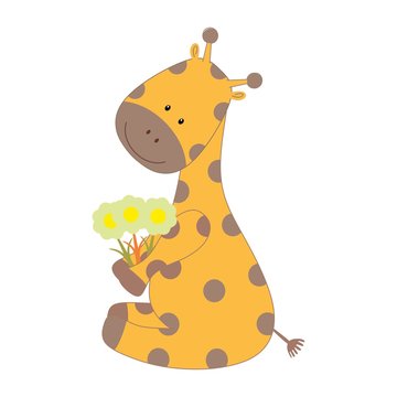 Cute giraffe with flowers. Children's cartoon illustration with the image of a giraffe. Animals of Africa and the savanna. Design of children's books, t-shirts, postcards, logos, alphabet with animal,