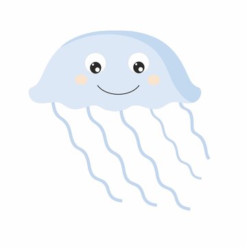 Children's cartoon illustration with the image of a jellyfish. Funny sea creatures, drawing for children. Design of children's books, t-shirts, postcards, logos, alphabet with animals, stickers, color