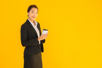 Portrait beautiful young asian woman with phone and coffee cup