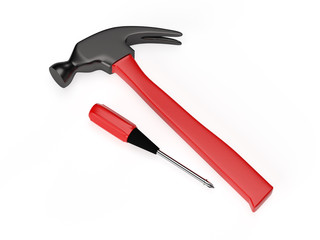 Hammer and screwdriver on white background, isolated. 3D rendering
