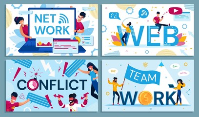 Net and Web Connection, Team Work, Conflict Set. People Communicating, Quarrelling, Exchanging Data and Coworking via Internet. Man and Woman Messaging, Texting via Digital Device. Vector Illustration