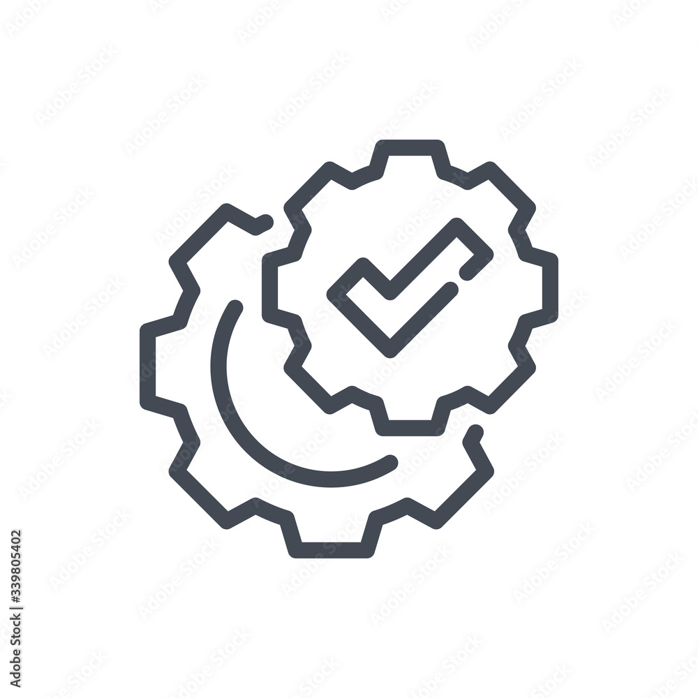 Poster gear with check mark line icon. maintenance service with tick vector outline sign.