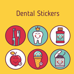 Kids oral care vector set. Dental hygiene for child - stickers brushes, teeth, lotion, floss, apple, ice cream