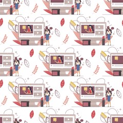Seamless Pattern, Decorative Background, Textile Print, Wrapping Paper Ornament Template with Beauty Blogger Reviewing Cosmetics Product, Promoting Goods for Makeup for Woman Flat Vector Illustration