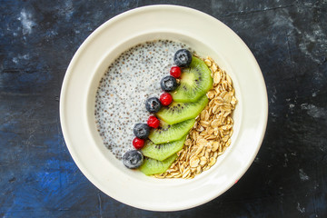 healthy food smoothie bowl, oatmeal, chia seeds and berries (breakfast dish or healthy snack) menu keto or paleo
concept. background. top view. copy space for text