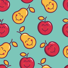 Fruits and vegetables vector set. Seamless pattern with cute elements apple and pear