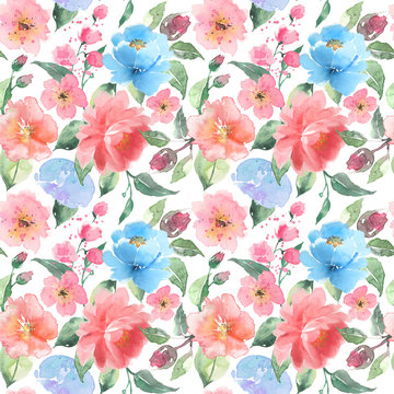 Watercolor Peach And Gentle Blue Flowers Seamless Pattern. Abstract Painting Background.